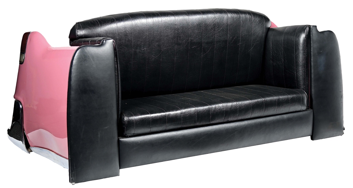 FIBERGLASS CLASSIC CAR COUCH WITH BLACK VINYL TUFTING. 