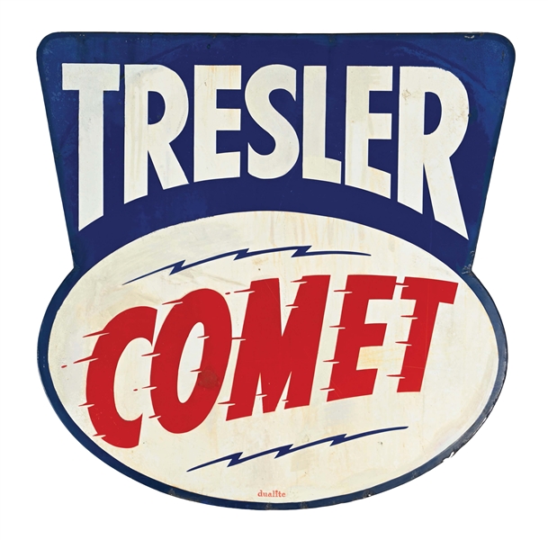 TRESLER COMET PORCELAIN SERVICE STATION IDENTIFICATION SIGN W/ ICONIC COMET LETTERING.