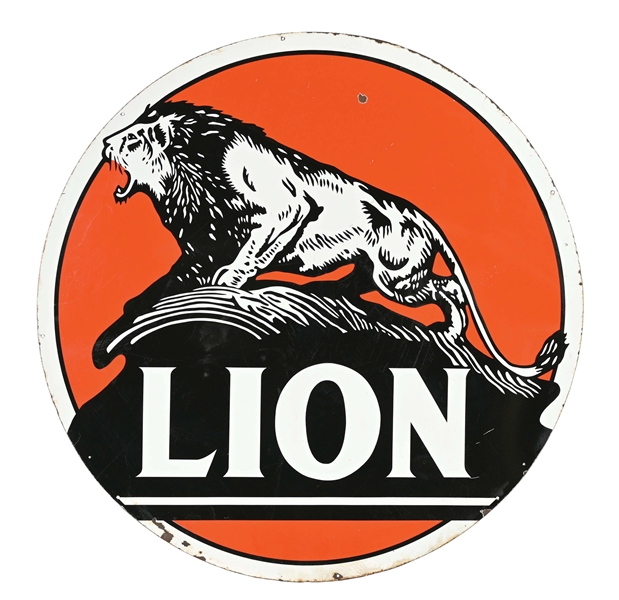 LION PETROLEUM COMPANY SERVICE STATION IDENTIFICATION SIGN W/ LION ON ROCK GRAPHIC.