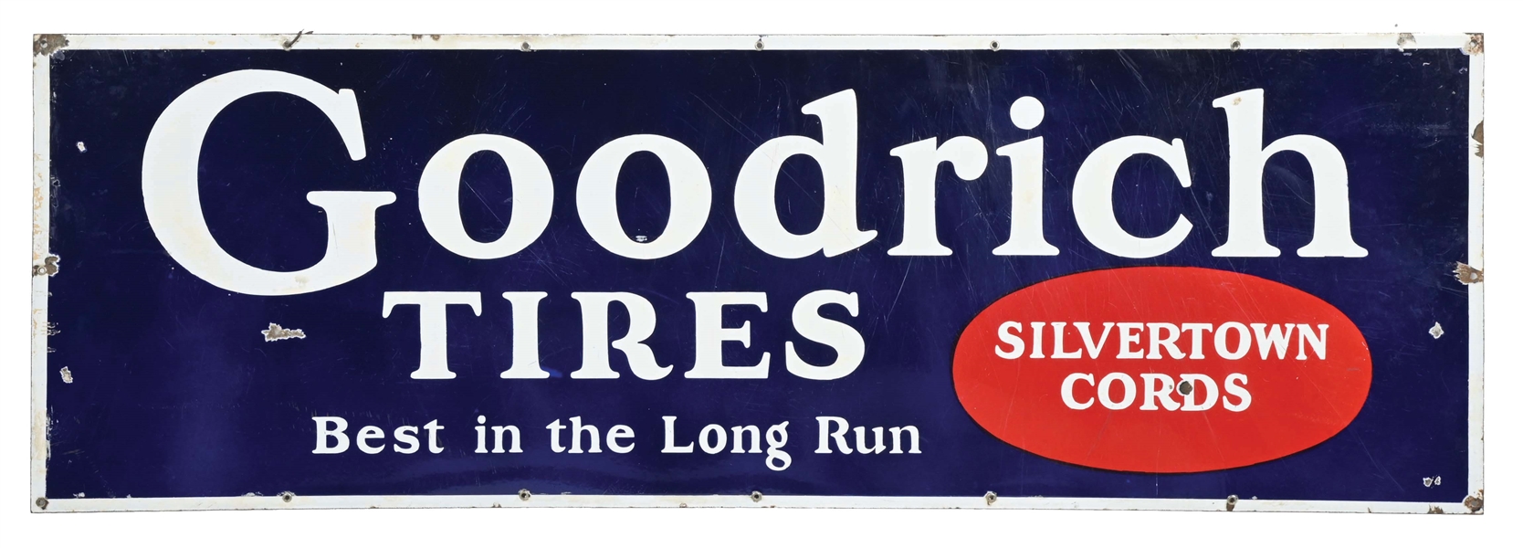 GOODRICH TIRES "BEST IN THE LONG RUN" PORCELAIN SIGN.