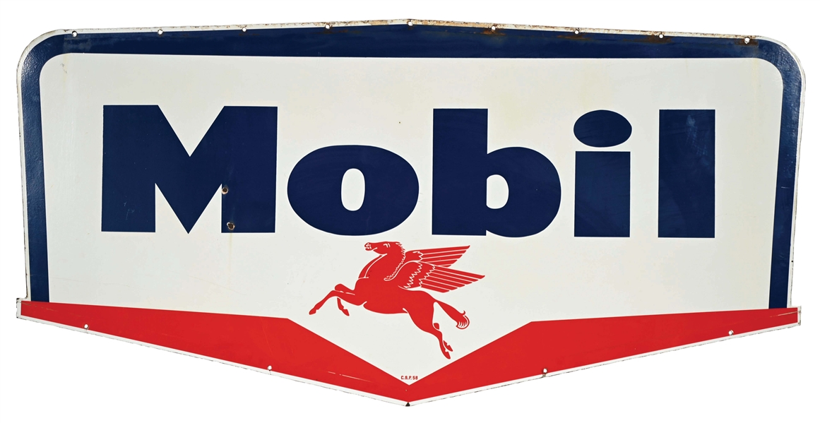 MOBIL DIE-CUT PORCELAIN SERVICE STATION IDENTIFICATION SIGN W/ PEGASUS GRAPHIC.