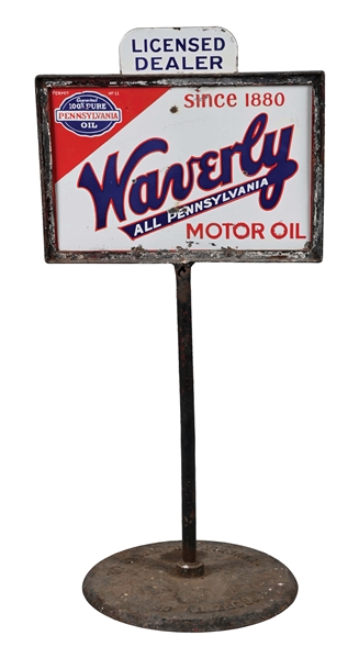 WAVERLY MOTOR OIL PORCELAIN CURB SIGN W/ "100% PURE PENNSYLVANIA OIL" LOGO.