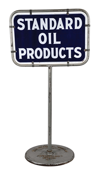 STANDARD OIL PRODUCTS PORCELAIN LOLLIPOP CURB SIGN W/ ORIGINAL STANDARD OIL COMPANY BASE.