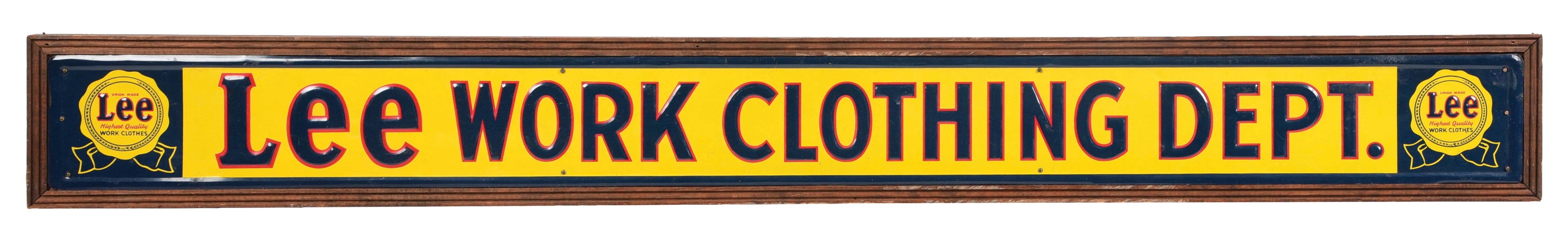 LEE WORK CLOTHING DEPT. EMBOSSED TIN SIGN W/ WOOD FRAME.