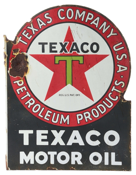 TEXACO PORCELAIN FLANGE SIGN W/ BLACK "T" LOGO.