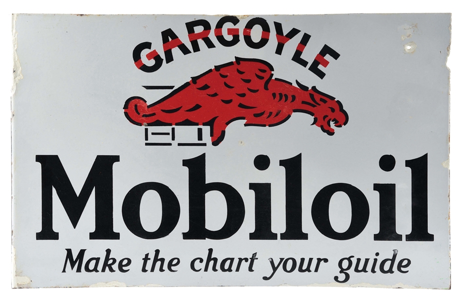 MOBILOIL PORCELAIN FLANGE SIGN W/ GARGOYLE GRAPHIC.