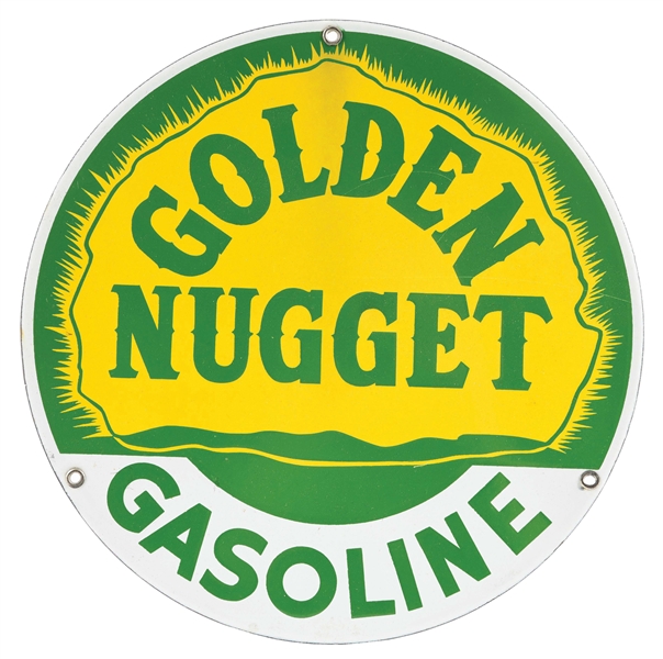 GOLDEN NUGGET GASOLINE PORCELAIN PUMP PLATE SIGN.