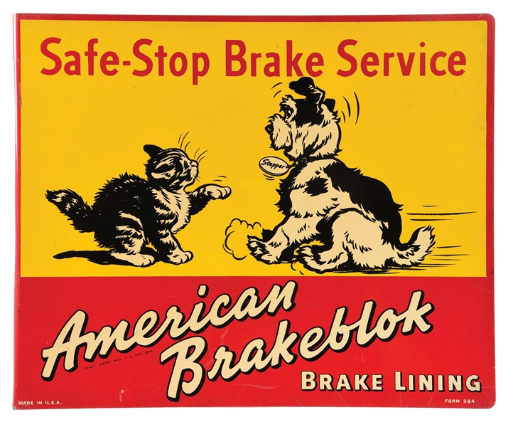 TIN "AMERICAN BRAKEBLOK" FLANGE SIGN W/ CAT AND DOG GRAPHIC.