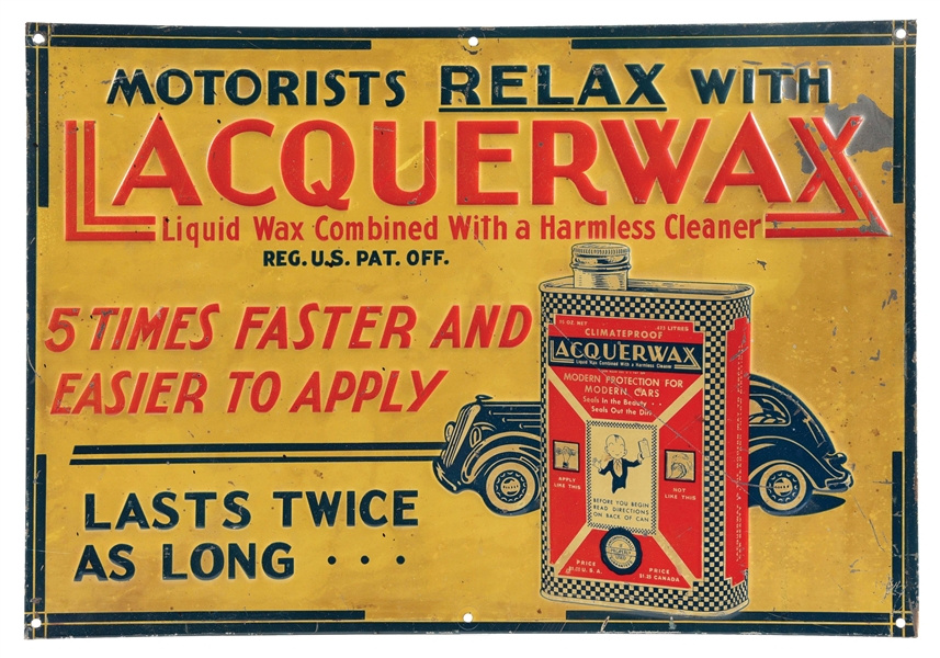 EMBOSSED TIN "LACQUERWAX" SIGN W/ CAR AND CAN GRAPHIC.