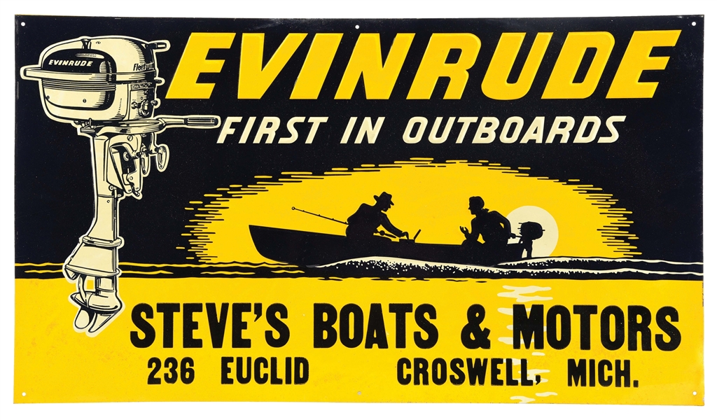 EVINRUDE OUTBOARDS EMBOSSED TIN SIGN W/ OUTBOARD MOTOR GRAPHIC.