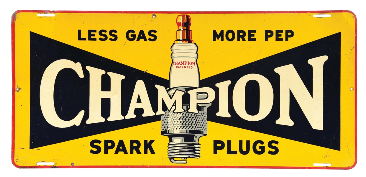 CHAMPION SPARK PLUG PAINTED METAL RACK SIGN W/ SPARK PLUG GRAPHIC.