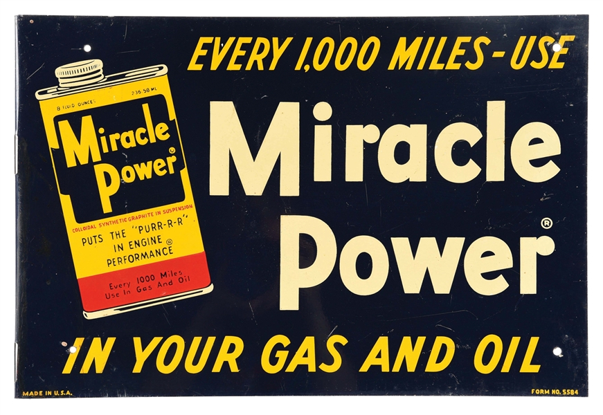 TIN "MIRACLE POWER" FLANGE SIGN W/ CAN GRAPHIC.