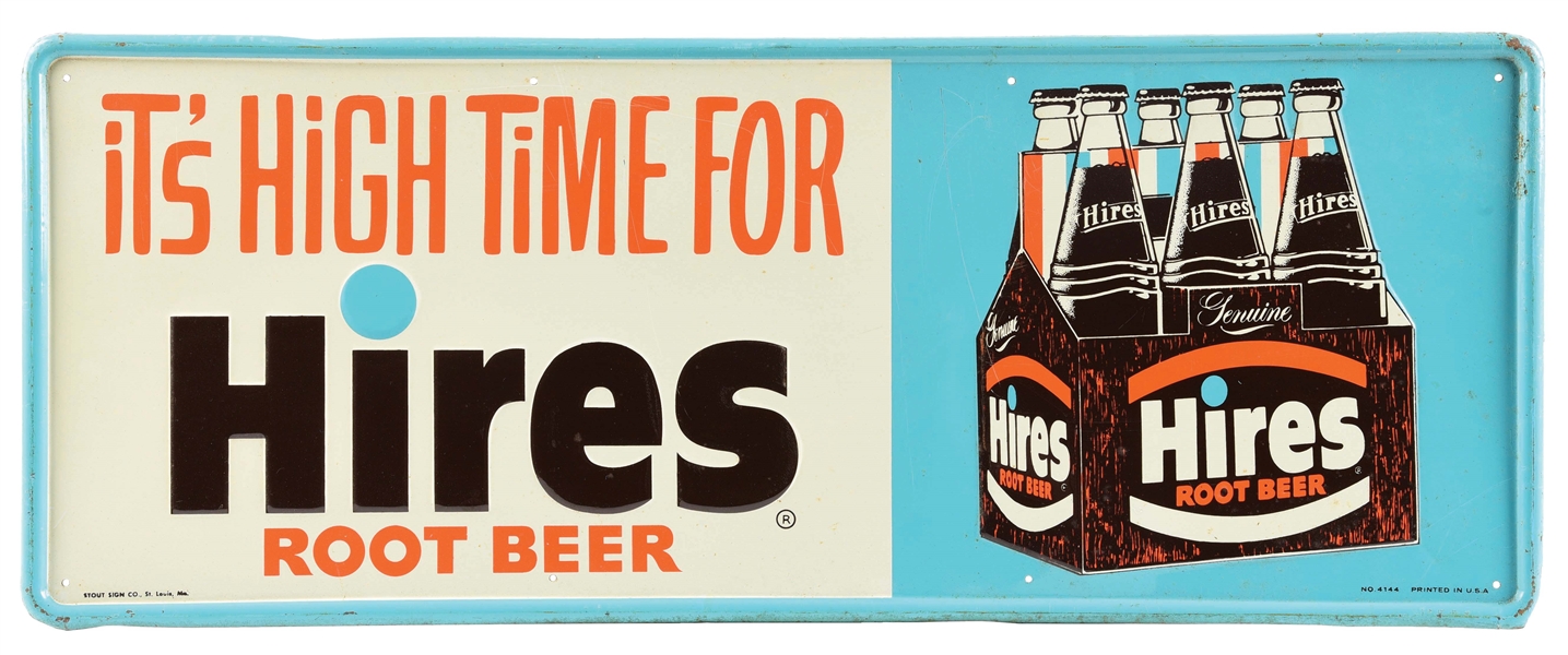 HIRES ROOT BEER EMBOSSED TIN SIGN W/ 6-PACK GRAPHIC.