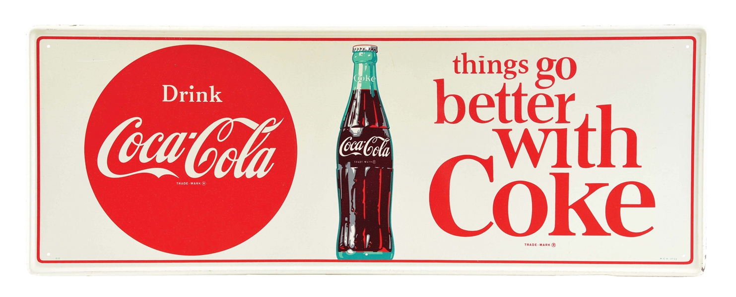 "THINGS GO BETTER WITH COKE" SELF-FRAMED TIN SIGN W/ BOTTLE GRAPHIC SIGN.
