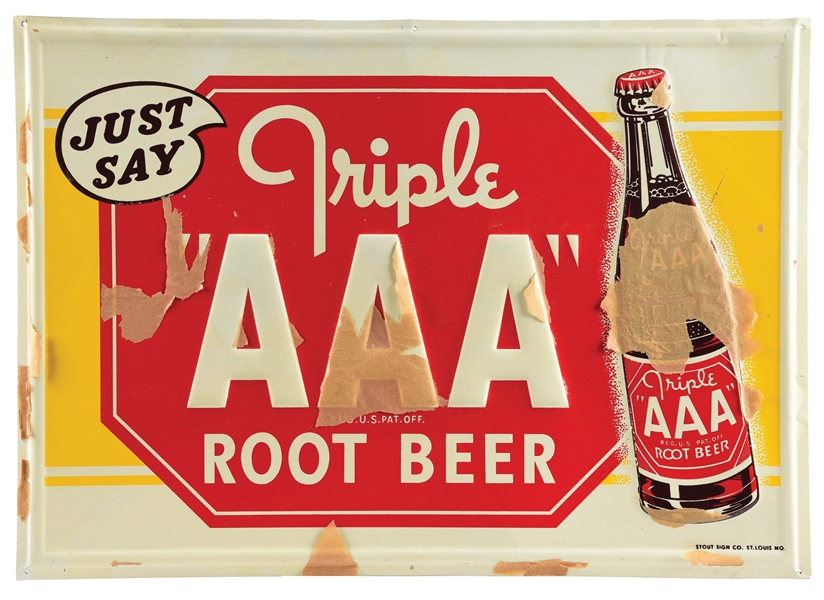 TRIPLE AAA ROOT BEER SELF-FRAMED EMBOSSED TIN SIGN W/ BOTTLE GRAPHIC.