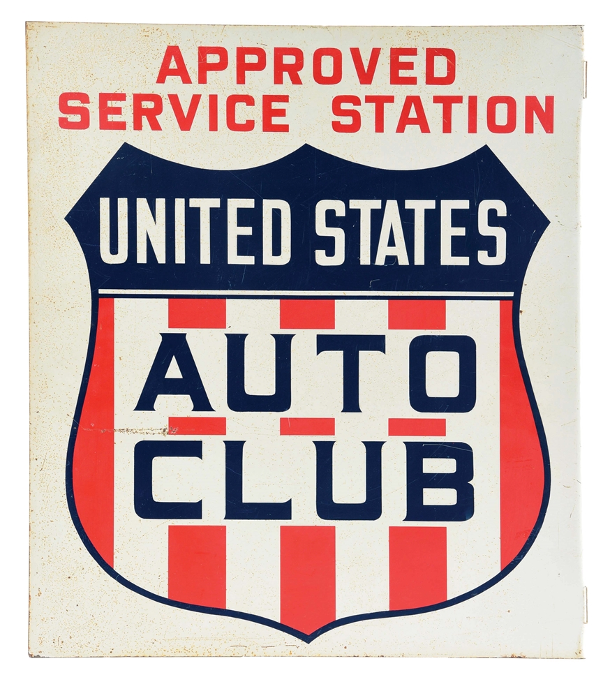 "US AUTO CLUB" FLANGE SIGN W/ SHIELD LOGO.