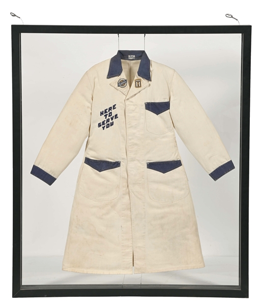 LEE BRANDED STUDEBAKER "HERE TO SERVE YOU" MECHANICS COAT W/ STUDEBAKER PATCHES & LETTERING.