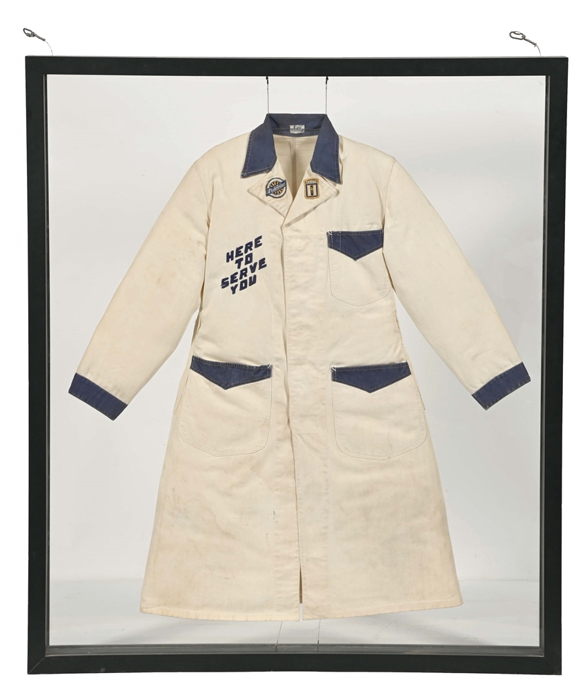 LEE BRANDED STUDEBAKER "HERE TO SERVE YOU" MECHANICS COAT W/ STUDEBAKER PATCHES & LETTERING.