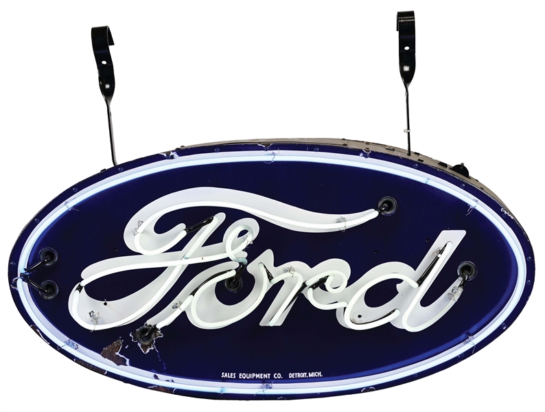DOUBLE-SIDED PORCELAIN FORD NEON OVAL SIGN.