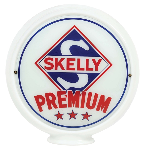 SKELLY PREMIUM 13.5" GLOBE LENSES W/ MILK GLASS BODY.