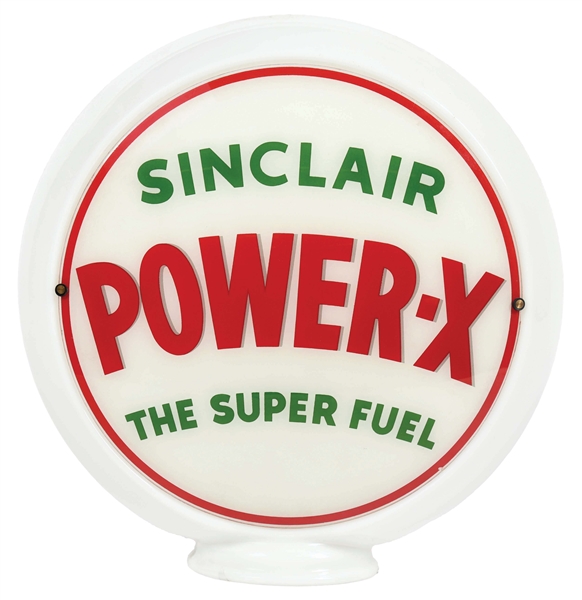 SINCLAIR "POWER-X" GASOLINE COMPLETE 13.5" GLOBE ON NARROW MILK GLASS BODY.