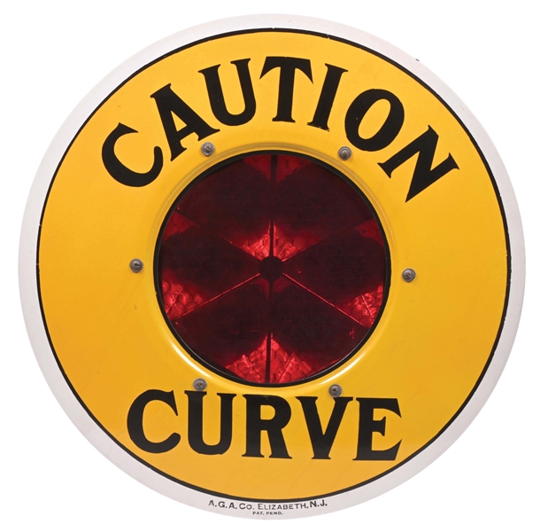 "CAUTION CURVE" LIGHTHOUSE SIGN W/ ORIGINAL RED REFLECTIVE GLASS.