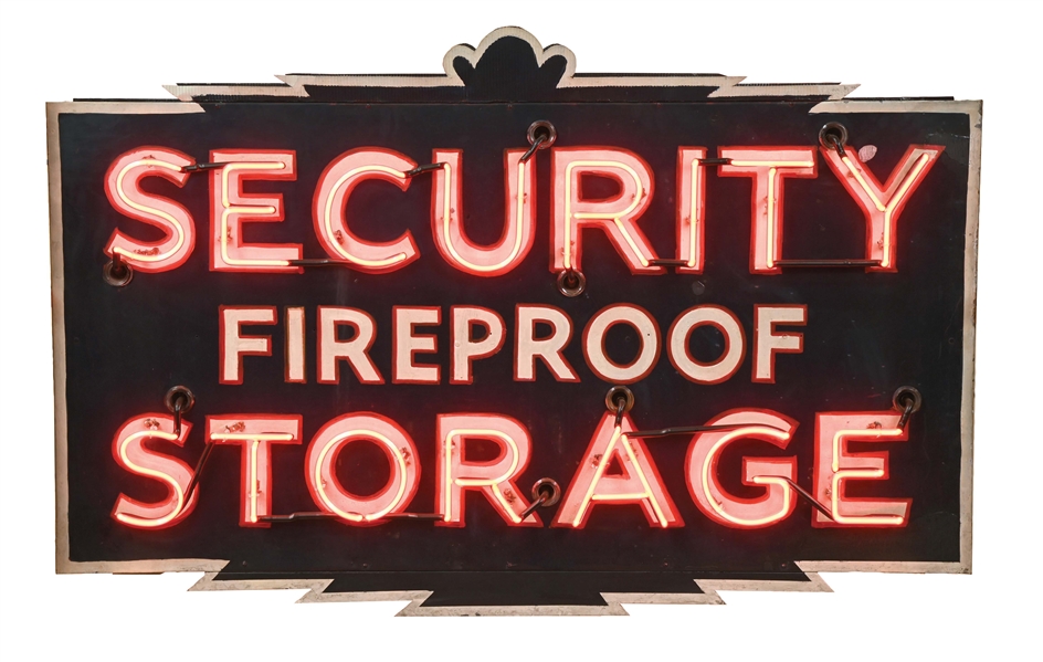 SECURITY FIREPROOF STORAGE RIPPLED TIN NEON SIGN.