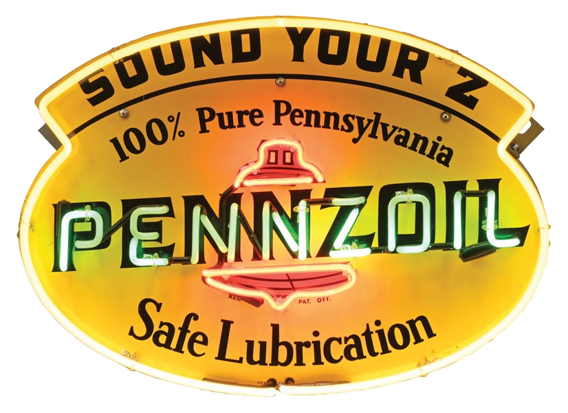 PENNZOIL SAFE LUBRICATION "SOUND YOUR Z" PAINTED METAL SIGN W/ ADDED NEON.