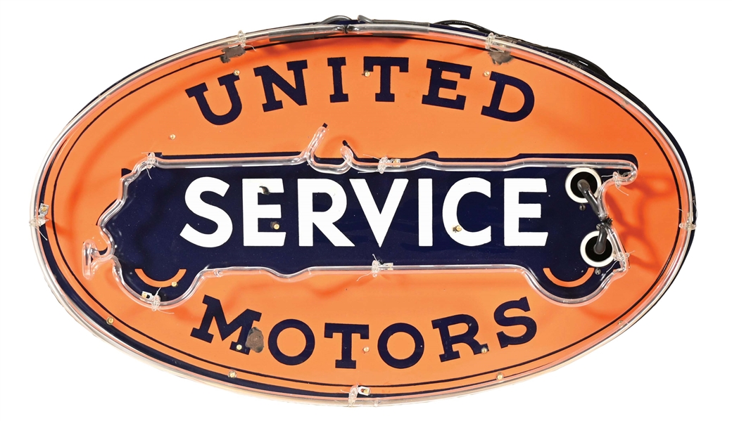 UNITED MOTORS SERVICE PORCELAIN NEON SIGN W/ AUTOMOBILE GRAPHIC.