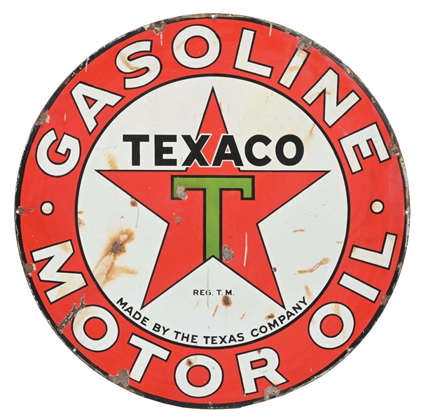 TEXACO GASOLINE MOTOR OIL PORCELAIN SIGN W/ BLACK T LOGO.