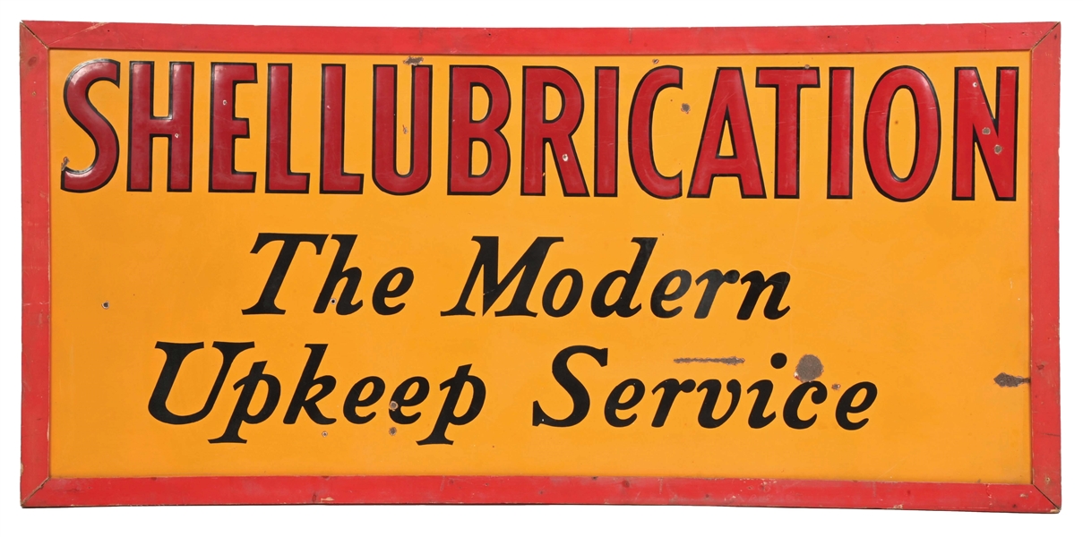 SHELL LUBRICATION EMBOSSED PORCELAIN SIGN W/ ICONIC SHELL LETTERING.