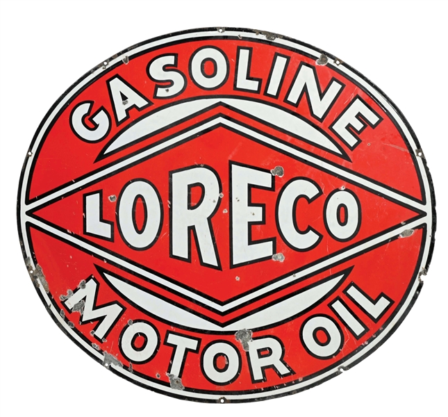 LORECO GASOLINE & MOTOR OIL PORCELAIN SIGN.