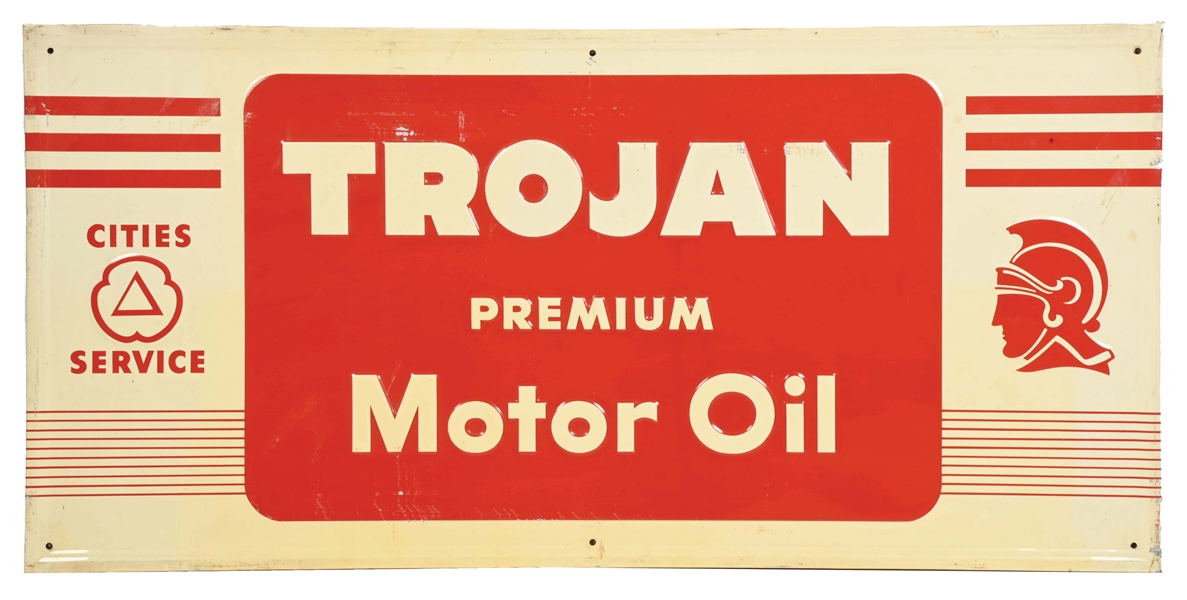 CITIES SERVICE TROJAN MOTOR OIL SELF-FRAMED EMBOSSED TIN SIGN W/ TROJAN GRAPHIC.