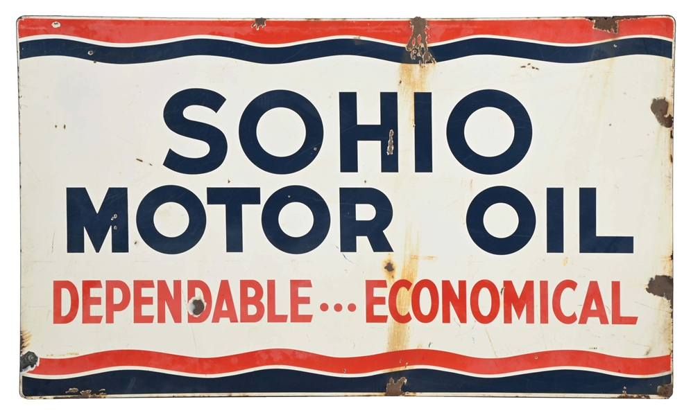 SOHIO MOTOR OIL "DEPENDABLE... ECONOMICAL" PORCELAIN SIGN.