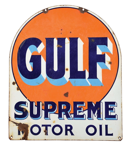 PORCELAIN GULF SUPREME MOTOR OIL SIGN W/ LOGO GRAPHIC.