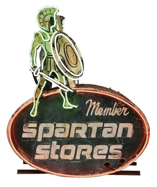 SPARTAN STORES PAINTED METAL NEON SIGN W/ SPARTAN GRAPHIC.