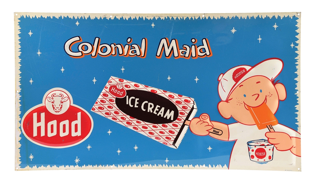 HOOD ICE CREAM EMBOSSED ALUMINUM SIGN W/ LITTLE BOY GRAPHIC.