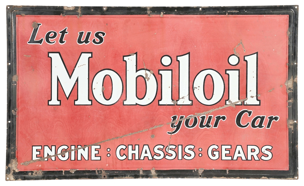 "LET US MOBILOIL YOUR CAR" SELF-FRAMED PORCELAIN SIGN.