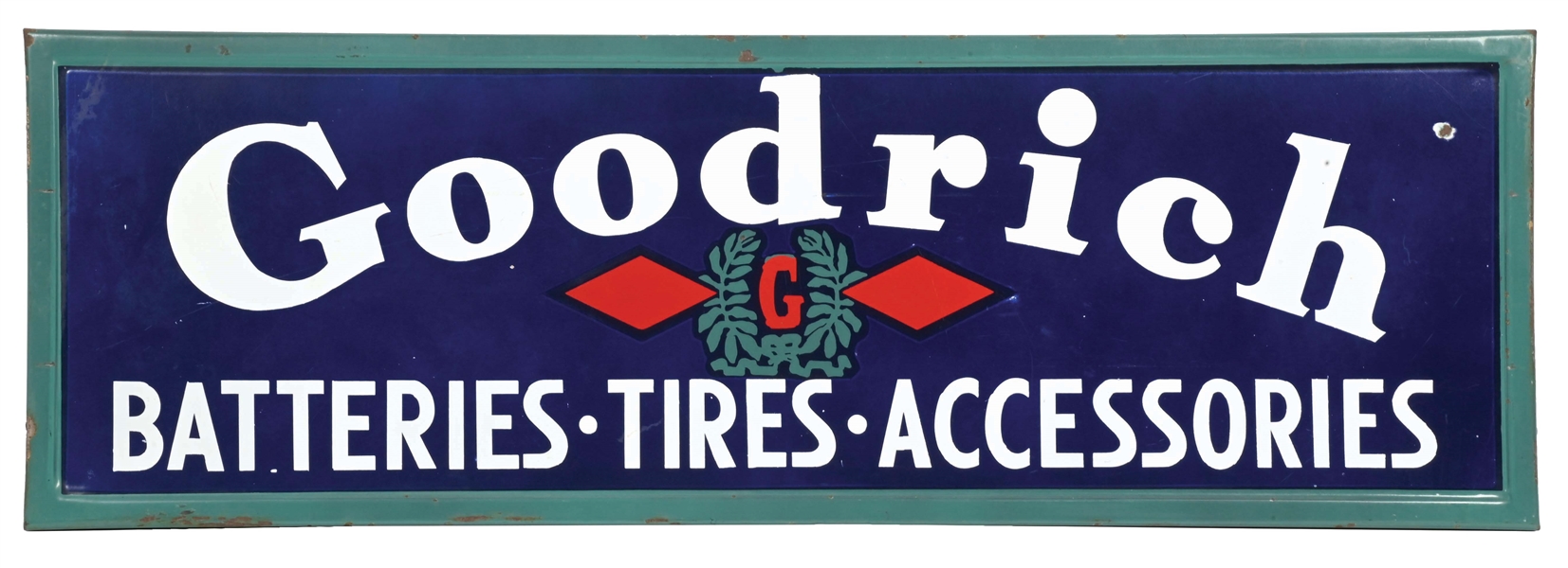 GOODRICH BATTERIES, TIRES, ACCESSORIES SELF-FRAMED PORCELAIN SIGN.