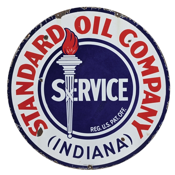 STANDARD OIL COMPANY OF INDIANA SERVICE PORCELAIN SIGN W/ STANDARD TORCH GRAPHIC.