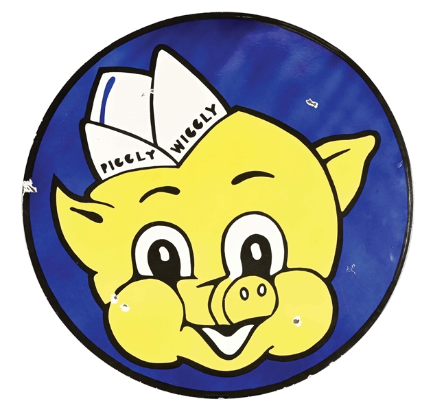 PIGGLY WIGGLY PORCELAIN SIGN W/ LOGO GRAPHIC.