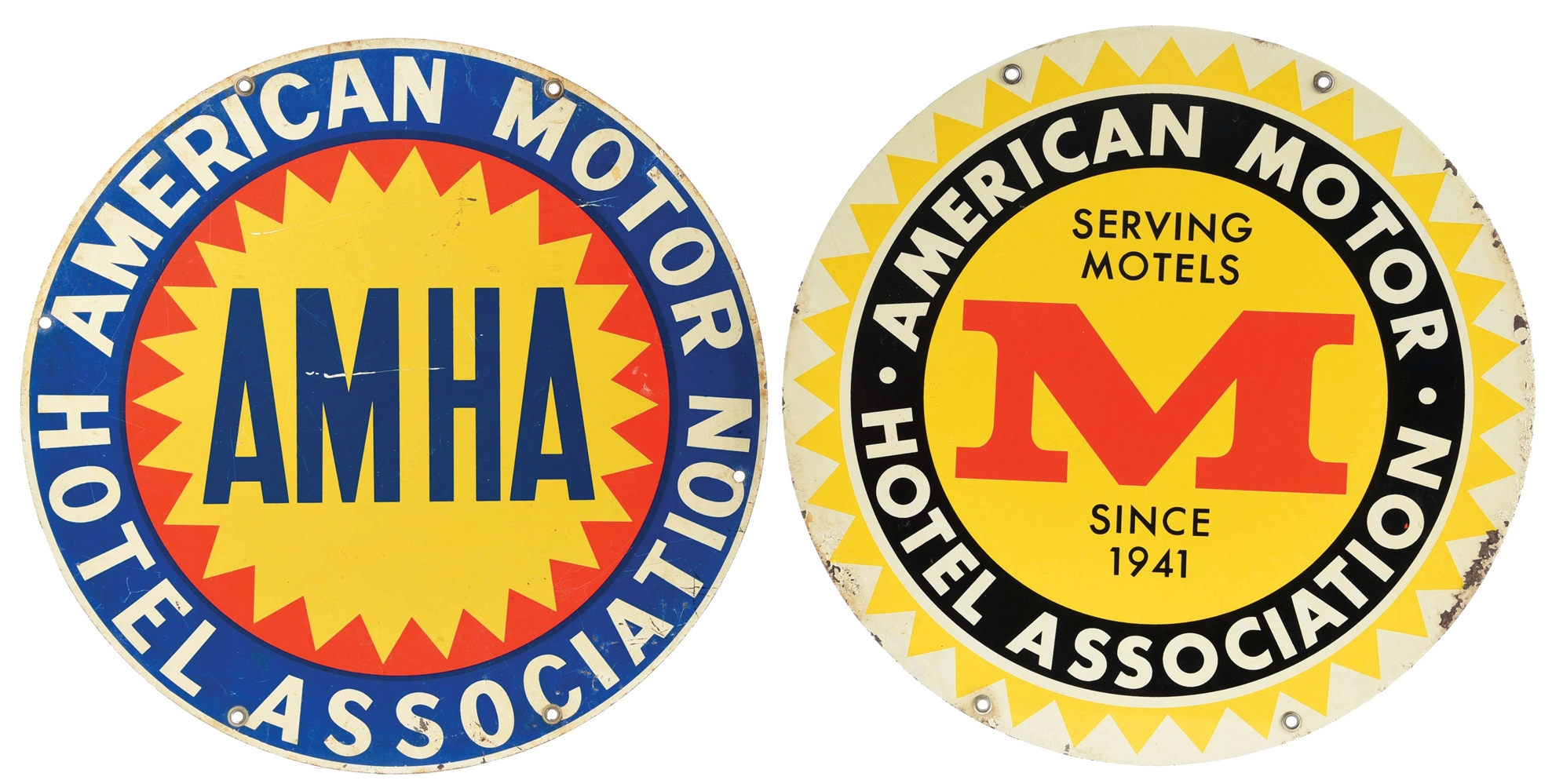 COLLECTION OF 2 AMERICAN MOTOR & AMERICAN HOTEL ROUND SIGNS.