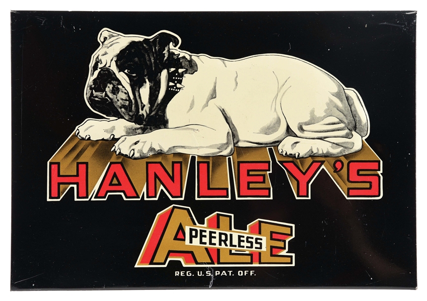 HANLEYS PEERLESS ALE TIN OVER CARDBOARD EASEL BACK W/ BULLDOG GRAPHIC.