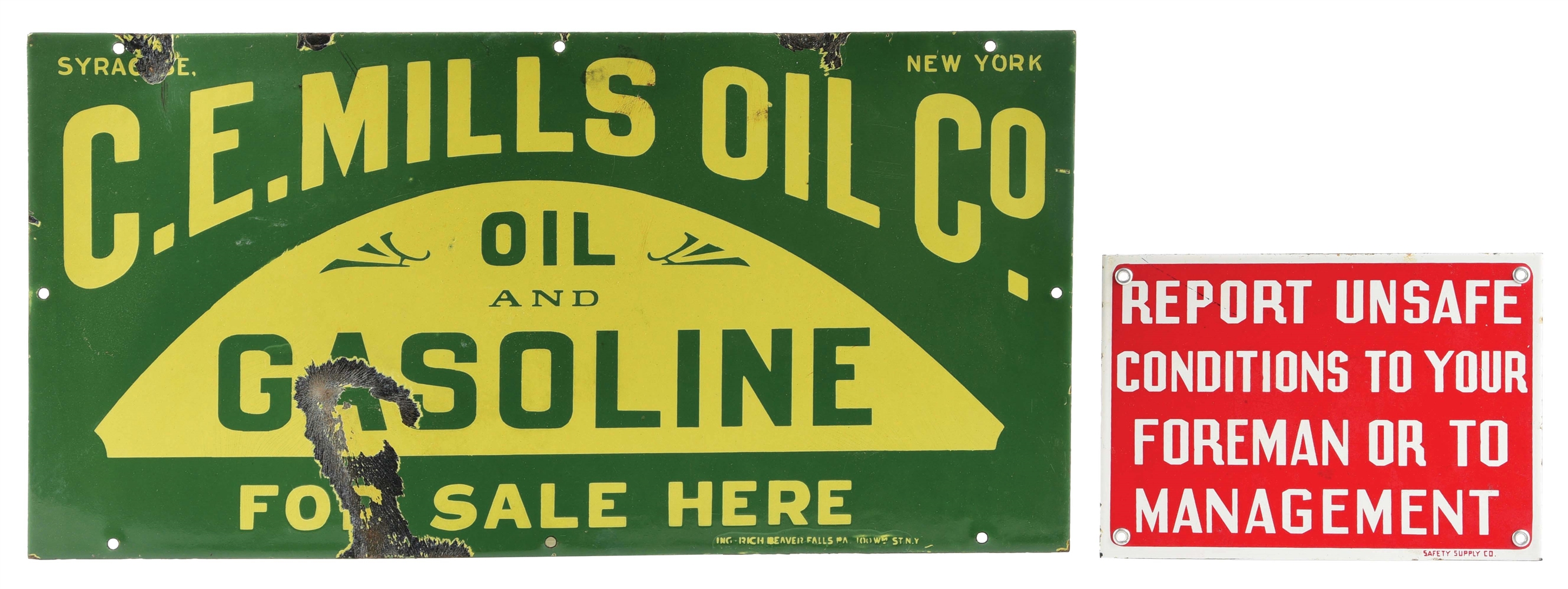 COLLECTION OF 2 C.E. MILLS OIL & REPORT MANAGEMENT PORCELAIN SIGNS.