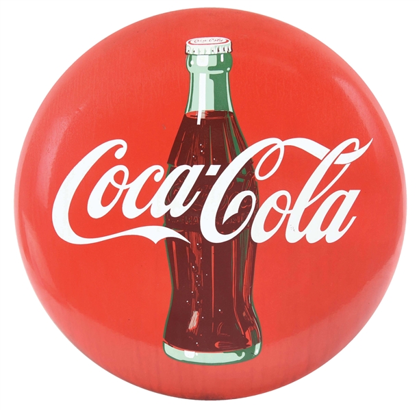 24" PORCELAIN COCA-COLA BUTTON SIGN W/ BOTTLE GRAPHIC.