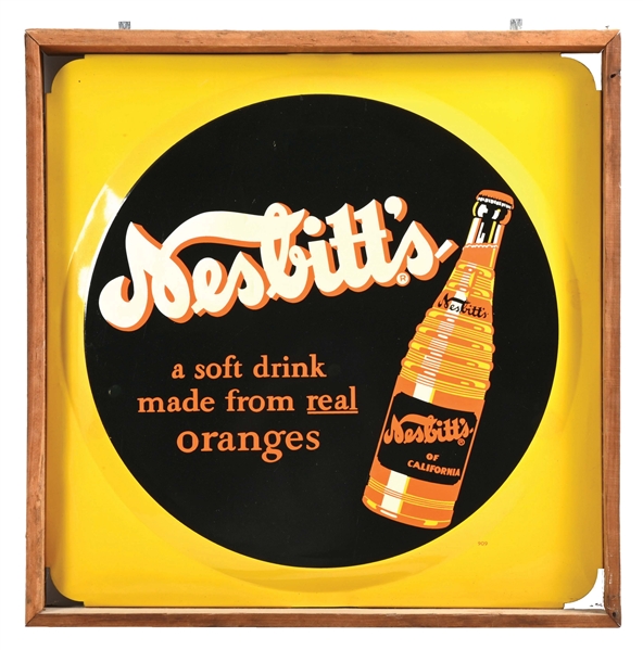 NESBITTS OF CALIFORNIA PAINTED METAL SIGN W/ OUTSTANDING BOTTLE GRAPHIC.