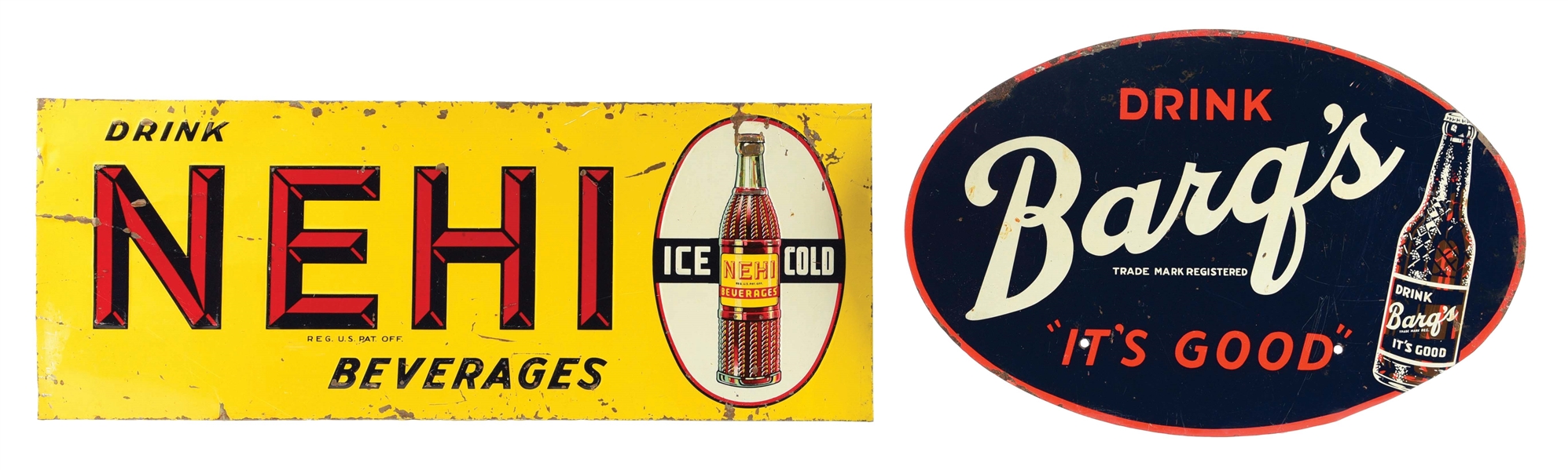 COLLECTION OF 2: DRINK BARQS SODA & NEHI SODA SIGNS.