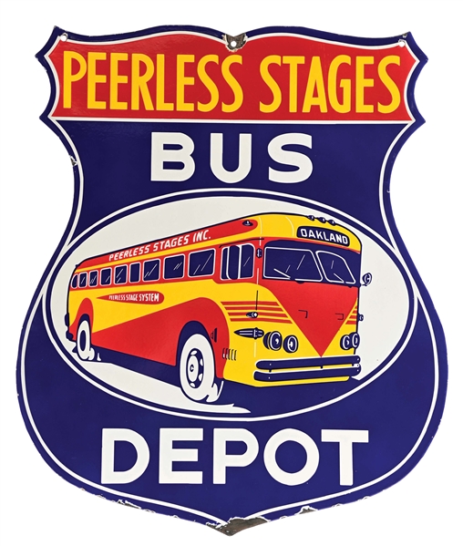 PORCELAIN PEERLESS STAGES BUS DEPOT SIGN W/ COLORFUL BUS GRAPHIC.