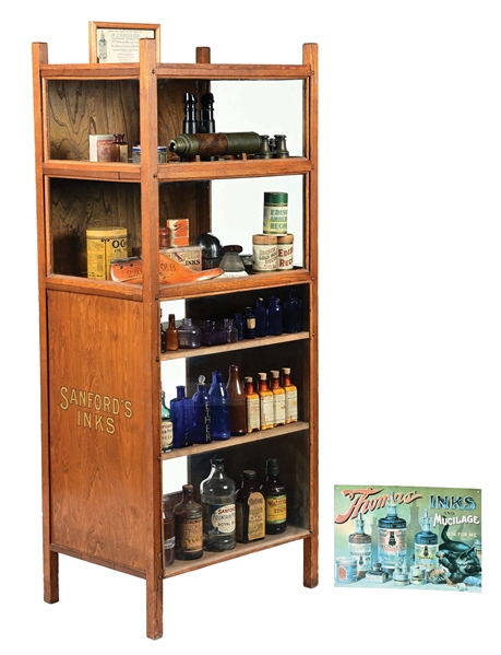 "SANFORDS INKS" DISPLAY WOOD & GLASS CABINET W/ ITEMS.