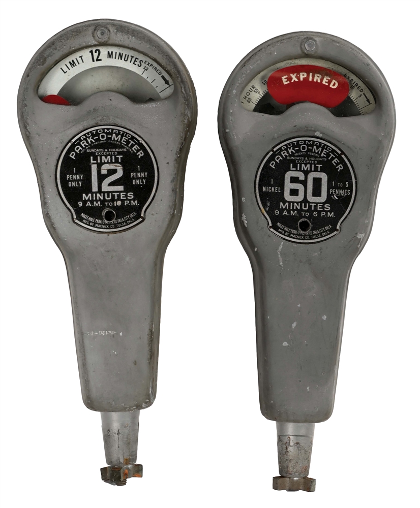 A PAIR OF PARKING METERS: 60 AND 12 MINUTES.